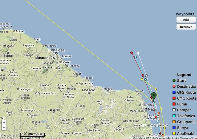 Volvo Ocean Race positions, Leg 6 at 0400hrs on 29 April: Predictwind shows Puma making an early move for Florida, and staying between her competition and the finish. Camper (White) and Telefonica (Aqua).  © PredictWind.com www.predictwind.com